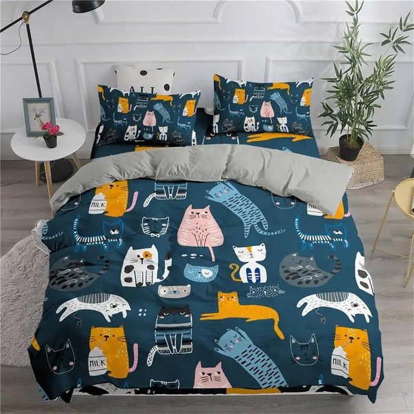 ColeccióN De Ropa De Cama De Dibujos Animados Gatos Lindos Estampados ColeccióN De Fundas NóRdicas 3D TamañO Individual Matrimonial Queen King Doble Funda De Almohada Ropa De Cama 23 Piezas Para NiñOs AU Double 180X210Cm-image