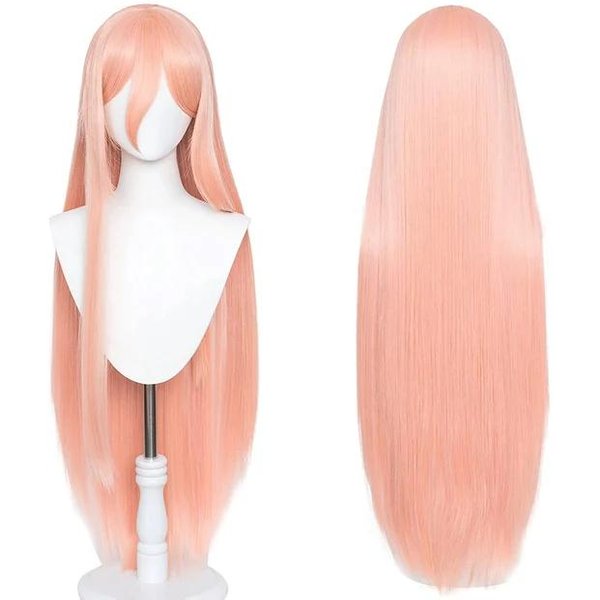 Anime Chainsaw Man Makima Power Peruka Do Cosplay DłUgie PomarańCzowe RóżOwe żAroodporne WłOsy Syntetyczne Impreza Do Odgrywania RóL Peruki + Wigcap + Rogi One Size Beige-image