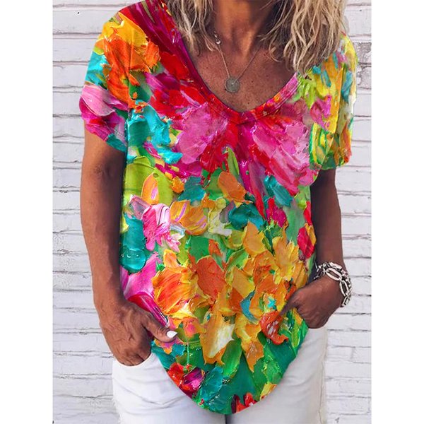 Moda Damska T-Shirt 3D Kwiatowy Print Topy Koszulki V Neck KróTkie RęKawy Ubrania Damskie Lato DużY Rozmiar T Shirt Odzież Damska XL Blue-image