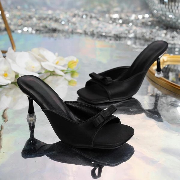Sandalias De TacóN Alto Con Lazo Para Mujer Chanclas De Verano Para Exteriores De TacóN Fino Mujer Talla Grande 42 Negras Blancas Chanclas De Punta Cuadrada 42 Negro-image