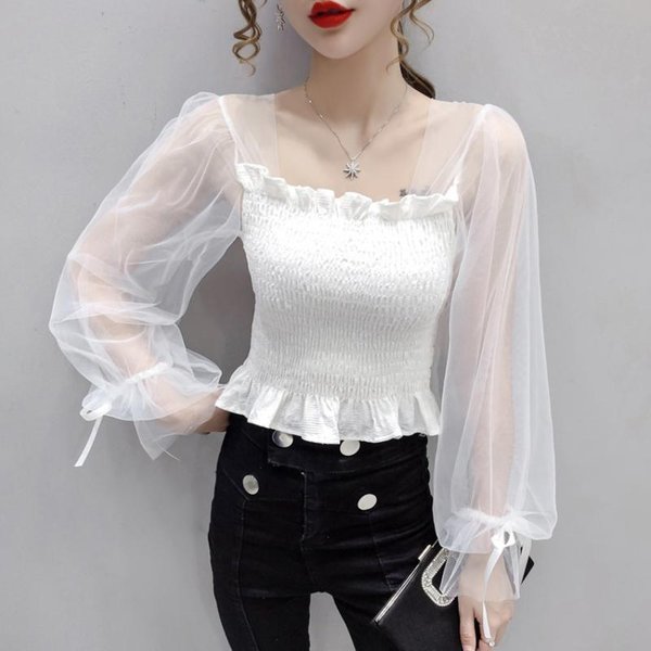 Blusa De Mujer Con Cintura EláStica Y Mangas Abullonadas De Malla, Cuello Cuadrado, Top Corto Negro Y Blanco, Estilo Hada Dulce Con Lazo Y Cordones Para Primavera Y Verano XL Blanco-image