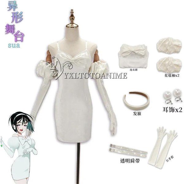 Peluca De Disfraz Cosplay De Sua Anime AlieníGena Escenario Disfraz Cosplay MicróFono Vestido Blanco Pendientes Peluca Negra Corta Ropa Cosplay De Sua XL-image