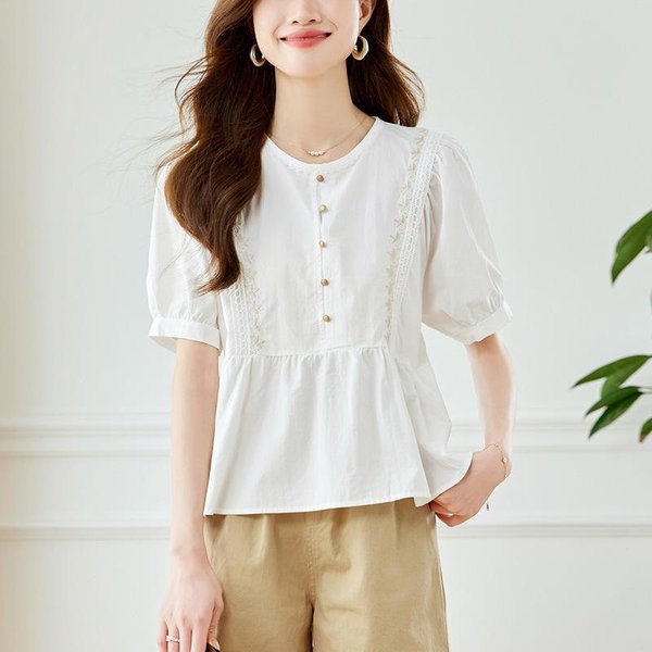 Nueva Camisa De Verano Francesa De Nicho Con Encaje Y Cuello Redondo Bordado Top Chic Para El Trabajo XXL Blanco-image
