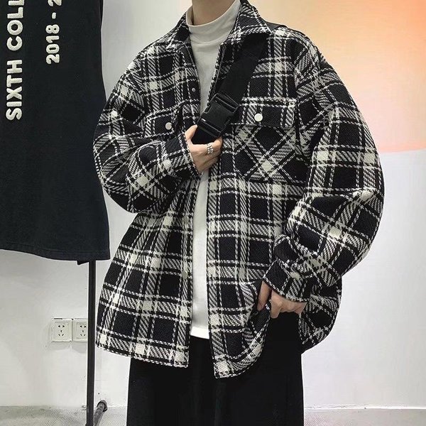 Chaqueta De Cuadros Blanco Y Negro Para Hombre Primavera Y OtoñO Holgada Talla Grande Nueva Tendencia De Chaqueta Camisa Estilo Hong Kong Guapo XL Gray-image
