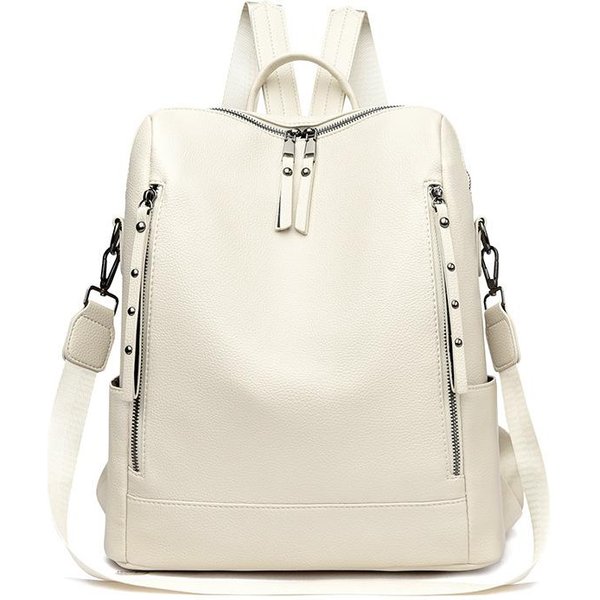 MięKki SkóRzany Plecak DużEj PojemnośCi Tornister Studencki Plecak Na Komputer Modny Plecak Crossbody White-image