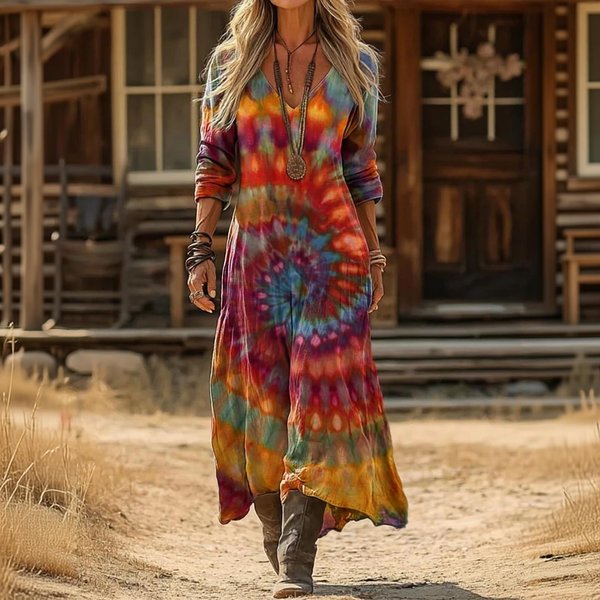 Vestido Largo Estampado Floral ÉTnico Vintage Para Mujer Bohemio Vacaciones Playa Maxi Vestido Con Cuello En V Y Corte Relajado XXL Vino-image