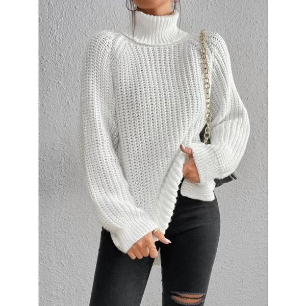 Jesień/Zima MięKka Dzianina Moda Raglan DłUgi RęKaw Golf RozcięCie Sweter Casual CiepłY Jednolity ŚRedniej DłUgośCi Pulower S BiałY-image