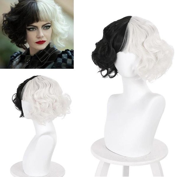 Hairjoy Peluca SintéTica Cosplay Cruella Rizos Sueltos Bob Con Flequillo Recto Negra Blanca Para Mujeres Disfraz De Halloween 12Inches Gray-image