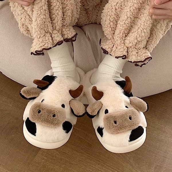 1 Par Dibujos Animados Antideslizantes Lindas ProteccióN Contra El FríO Zapatillas De AlgodóN Vaca Mantienen Calientes Zapatos De Felpa Zapatillas 38-39 Beige-image