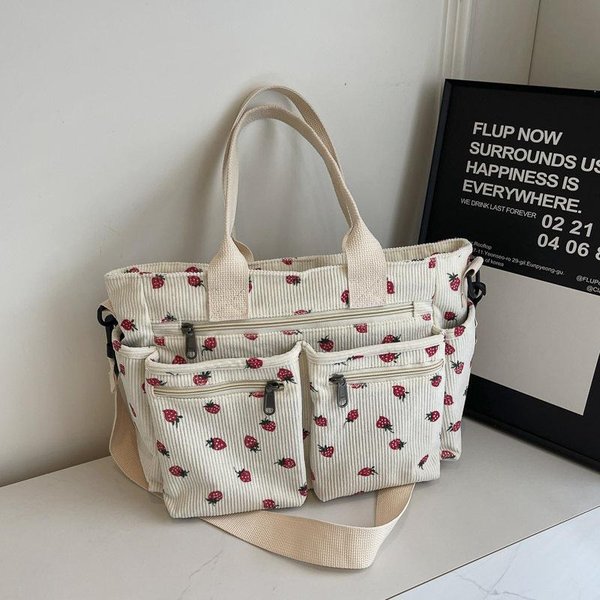 Bolso Tote De Pana Con Estampado De Cerezas, VersáTil Bolso Bandolera De Un Solo Hombro Con Fresas Para Mujer, Bolso De Mamá De Gran Capacidad Gray-image