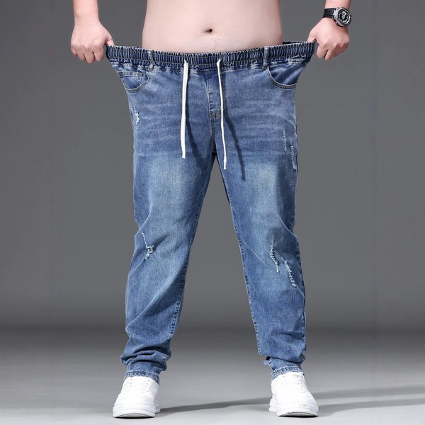 Jeans EláSticos Ajustados De Talla Grande Para Hombre: Pantalones Azules, Modernos, VersáTiles, Desgastados, Cintura EláStica 4XL Azul-image