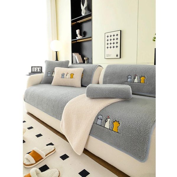 CojíN De Sofá De Felpa De Cordero Invierno CáLido Engrosamiento Antideslizante Cubierta De Tela Para Sofá De Sala De Estar Universal Cuero Funda Para SillóN Reclinable 70X70Cm 1Pcs Gris Claro-image