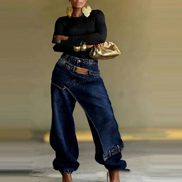 Retro Damskie Jeansy ŁąCzone High Street Faux DwuczęśCiowe ŚRedni Stan SpłUkiwane LuźNe Szerokie Nogawki Jeansowe Spodnie Hip Hopowe Jeansy XS-image