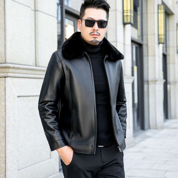 Nueva Chaqueta De Cuero Para Hombre Con Cuello De Piel Grande, Informal Holgada De OtoñO E Invierno, Chaqueta De Cuero Con Forro Polar Para Hombres De Mediana Edad Y Mayores 4XL Negro-image