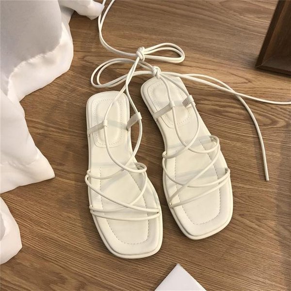 SandałY Rzymskie Damskie Letnie Nowe Modne PłAskie Odkryte Palce WiąZane Na Krzyż Buty Casualowe Eleganckie Sukienki Sznurowane PlażOwe SandałY Gladiatorki 35-image