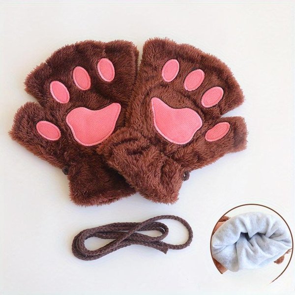 Guantes De Invierno Con Forma De Pata De Gato Y Oso De Peluche Para Mujer, De Piel SintéTica, Sin Dedos, Para Navidad Y Halloween-image