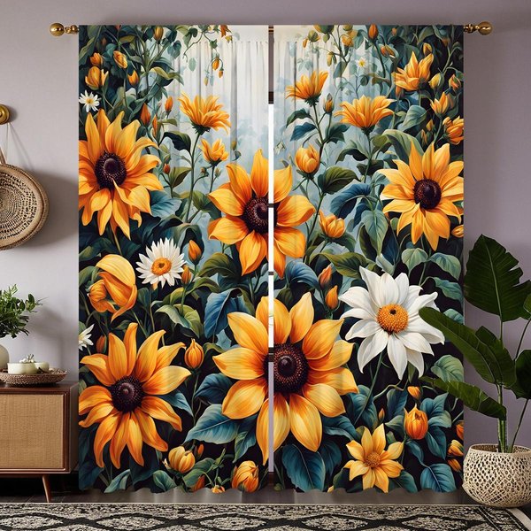 2 Piezas Cortina De DecoracióN De Flores De Girasol Coloridas HD Cortina Amarilla Estampada Digitalmente DecoracióN Estilo DecoracióN Para El Hogar Sala De Estar W52H63Inchw132H160Cm-image
