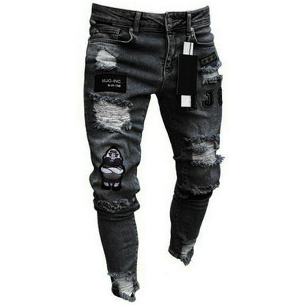 Europejskie I AmerykańSkie MęSkie Podarte Jeansy Skinny Z Naszywkami M Black-image
