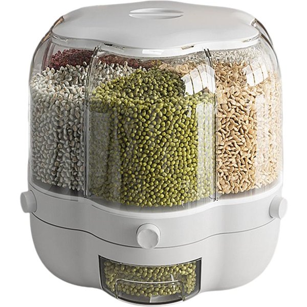 Contenedor De Almacenamiento De Granos De Alimentos Gran Capacidad 6.5L 6 Compartimentos Dispensador De Arroz Giratorio Alimentos Granos Sellados Blanco-image