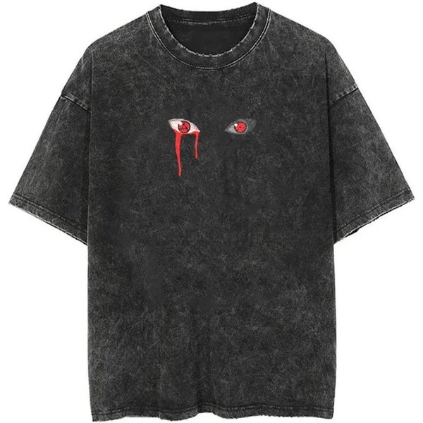 Camiseta Lavada Streetwear Hip Hop Camiseta Con Estampado De Anime JaponéS Naruto Top Vintage Harajuku AlgodóN Hombre Verano Manga Corta Camiseta S Rojo-image