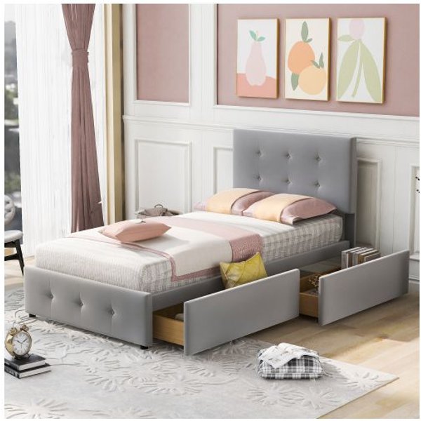 Cama Acolchada 90 X 200 Cm - Muvoe - Cama De Invitados - Cajones De Almacenamiento - Metal - Montaje FáCil-image