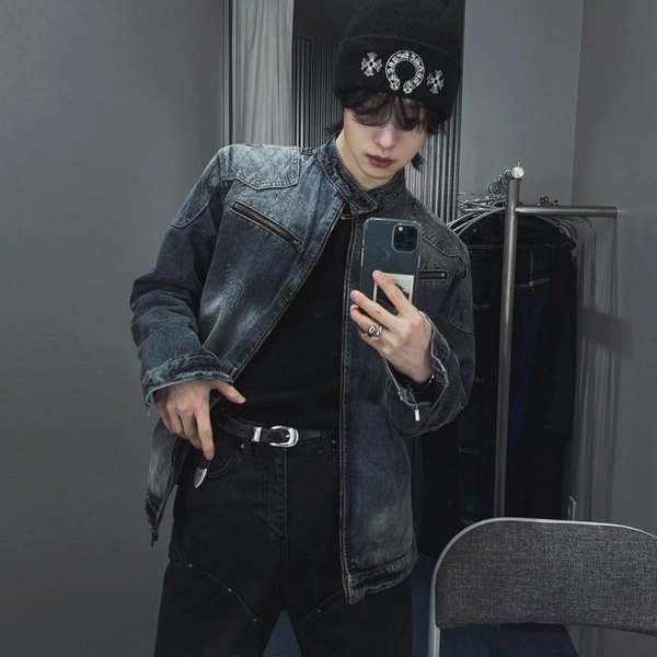 Kurtka Jeansowa MęSka Jesień I Zima LuźNa StóJka GóRa KoreańSki Styl Modna Przystojna Niszowa Kurtka 2XL Niebieski-image