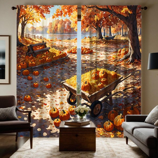 2 Piezas De Cortina Decorativa De Calabaza Caducifolia Viento OtoñAl HD Amarilla Lazo Cortina Estampada Digitalmente DecoracióN Estilo DecoracióN Del Hogar W52H63Inchw132H160Cm-image