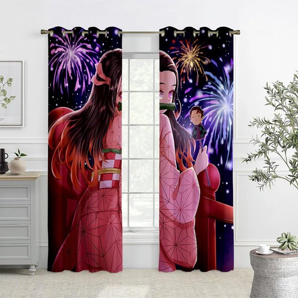 2 Piezas Cortinas Estampadas Con PatróN De Anime Popular De JapóN, AnimacióN, Cortinas Decorativas Con Bolsillo Para Barra Para HabitacióN Infantil W50Xh140(Cm)X2Pcs&Grommet Top Black-image