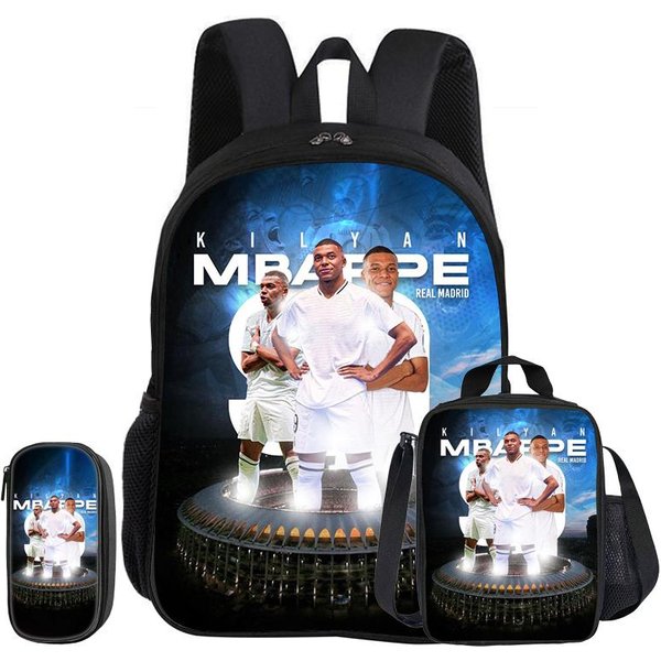 M-Mbappe Juego De 3 Piezas Mochila Escolar Estrella De FúTbol NiñO Rucksack Bolsas Para LáPices Mochila Escolar Con Bolsa Para El Almuerzo Mochila Deportiva Regalo Para NiñOs-image