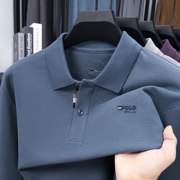Camisa Polo De Lujo Para Hombre De AlgodóN Espalda De Tortuga Bordado De Letras Manga Larga OtoñO Cuello Solapa Camiseta Ropa De Negocios Para Hombre L Gray-image