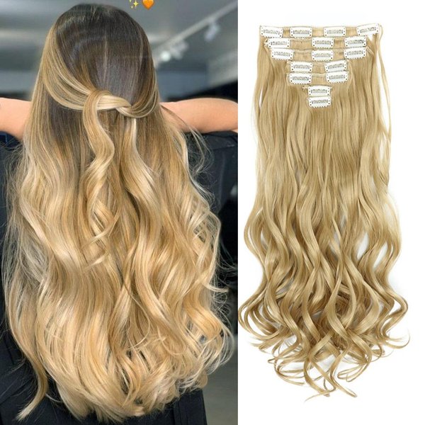 Extensiones De Cabello Clip-In 7 Piezas Cabeza Completa 22 Pulgadas De Largo SintéTicas Rizadas Onduladas Piezas De Cabello Naturalmente Onduladas Para Mujeres NiñAs 22Inches Beige-image