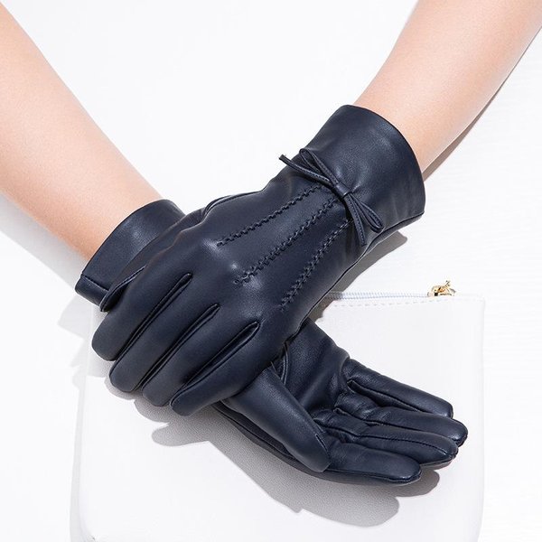Guantes De Cuero Genuino Coloridos Para Mujer Piel De Oveja Lazo OtoñO E Invierno Ropa CáLida Guantes M Size Beige-image