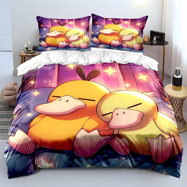 JapońSkie Anime Pokemon Psyduck Drukowany Zestaw PośCieli Poszwa Na KołDrę 1 Poszwa Na KołDrę 2 Poszewki Na Poduszki Luksusowy Zestaw PośCieli Dla DorosłYch I Dzieci US Queen 228X228Cm-image