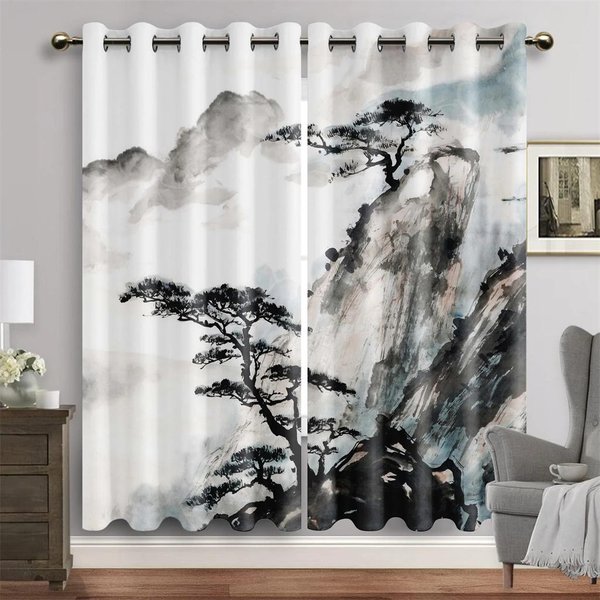 ChińSkie Tradycyjne Farby Atramentowe Krajobrazowe ZasłOny Okienne Do Salonu Dzieci Sypialnia łAzienka Kuchnia Drzwi WystróJ Domu 2 Szt W65X60H(Cm)X2Pcs&Grommet Top-image