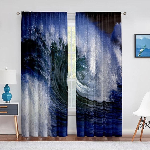 Ocean Woda Morska Lato Tropikalny Surfing Fale Przezroczyste ZasłOny Do Dekoracji Salonu Sypialni Okno Szyfonowe Woale Tiulowa ZasłOna 1 PCS W250Xh250Cm&Grommet Top-image