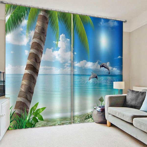 2 Piezas Cortinas De Verano Playa Estrella De Mar Cortina De Paisaje OcéAno Azul Para Dormitorio Sala De Estar Cocina Pasillo Cortinas Tropicales DecoracióN Del Hogar W60H60(Cm)X2Pcs&Hook Blue-image
