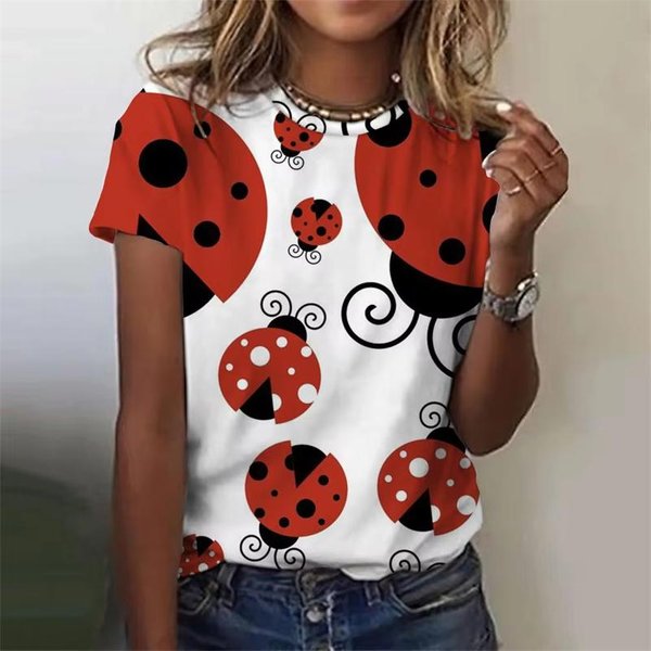 Biedronka Druk 3D Damskie T-Shirty Top KróTki RęKaw Moda Ulica OkrąGłY Dekolt T-Shirt Damska Odzież Codzienna Lato Komfort 5XL-image