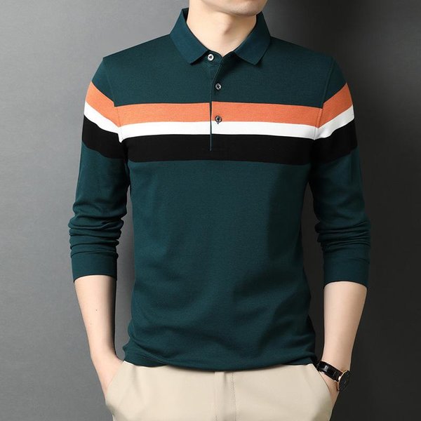 Camiseta De Manga Larga Para Hombre De AlgodóN Primavera Y OtoñO Delgada Con Cuello Camisa Base Camiseta De AlgodóN Para Hombre A Rayas Horizontales Camisa Polo XXL Black-image