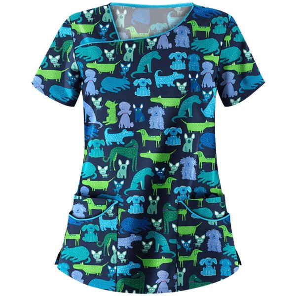 Nueva Ropa Europea Y Americana Estampada Con Cuello En V De Manga Corta Con Bolsillo L(For 6.5-9Kg) Blue-image