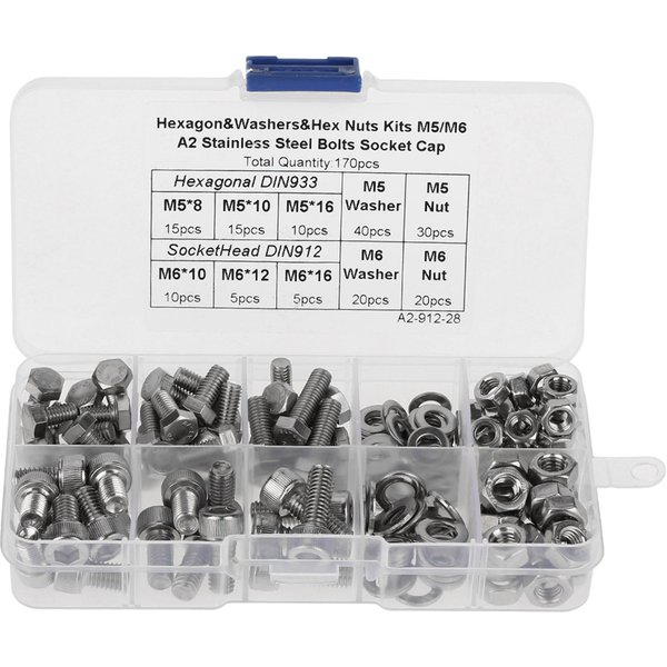 170 Piezas Acero Inoxidable M5M6 Tornillos De Cabeza Hueca Hexagonal Pernos Arandelas Tuercas Kit-image