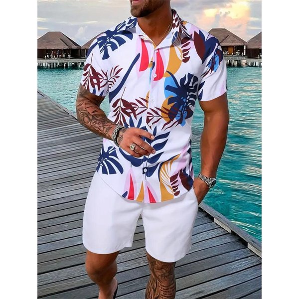 Conjunto De Camisa Y Pantalones Cortos De Verano Estilo Playa Para Hombre Oversized Hawaiano Casual Traje Camisa De Manga Corta Impresa En 3D Pantalones Cortos 2 Piezas Moda Streetwear 2XL White-image