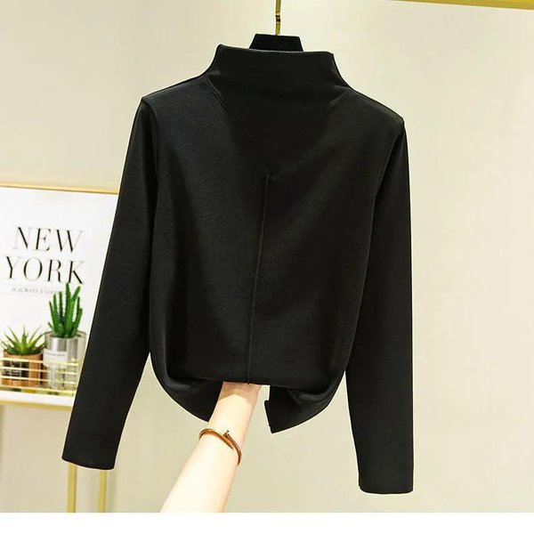 CáLida Camiseta VersáTil De Terciopelo AlemáN De Doble Cara, Cuello Semi Alto, Autocalentable, Corte Ajustado, Con Base CatióNica Para Mujer Xxxl Negro-image