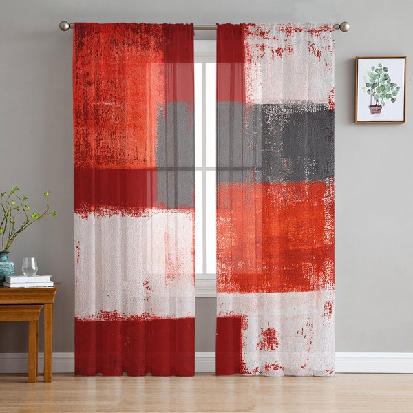 Pintura Al ÓLeo Abstracta GeoméTrica Cortinas Transparentes Rojas Para DecoracióN De SalóN Cortinas De Ventana Cocina Tul Cortinas Voile W135 X H115Cm X1-image