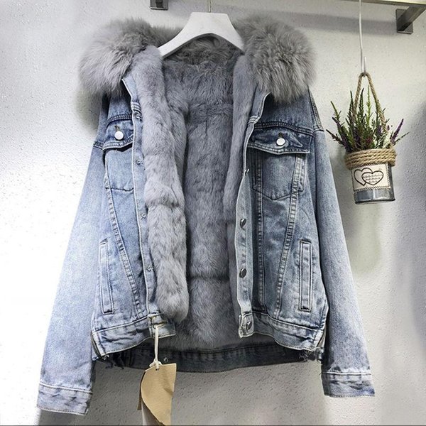 Chaqueta Vaquera De Forro Polar Para Mujer, Estilo Coreano, Con Cuello De Piel Suelto, Desmontable, Gruesa Y Corta, Para Invierno. L Azul-image