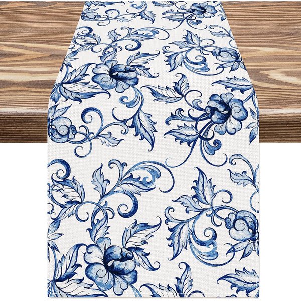 Corredores De Mesa De Lino Con Flores Acuarela Azul Blanco Chinoiserie Floral Rectangular Para Boda Fiesta DecoracióN De Mesa De Comedor 150X33Cm-image