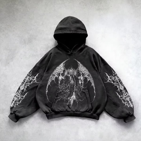 Bluza Z Kapturem Hip Hop Z Nadrukiem Graficznym Retro Gothic Dla MężCzyzn Y2K Grunge Punk Casual LuźNy Pulower Kobiety Streetwear Bluza Z Kapturem L Gray-image