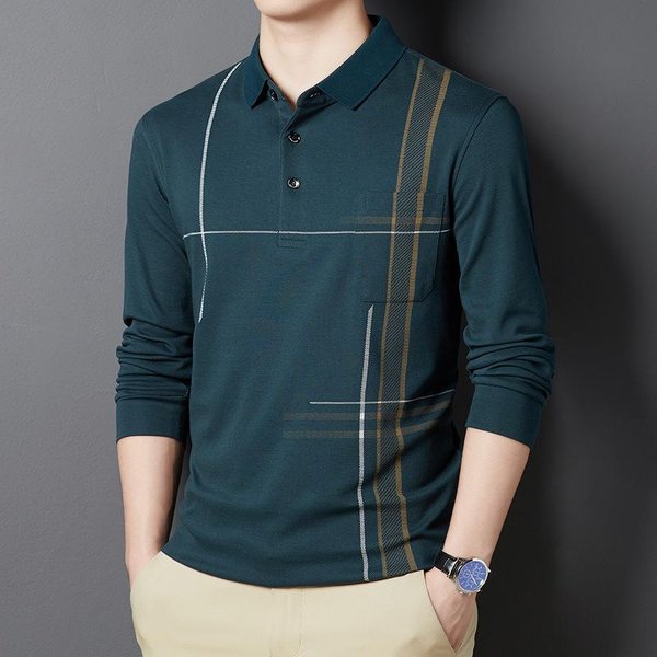 Camiseta De OtoñO Manga Larga Solapa AlgodóN Top Camisa BáSica Para Hombres De Mediana Edad Y Mayores Xxxxl Black-image