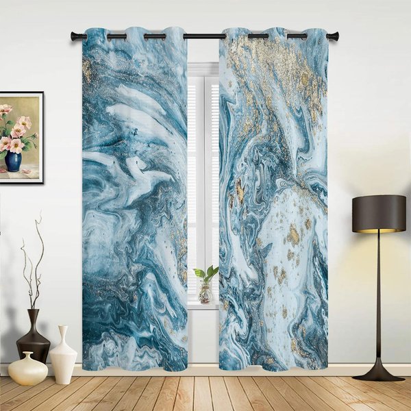 Cortinas Opacas Modernas Abstractas De MáRmol Azul Y Dorado Para Sala De Estar, Dormitorio, Cocina, Cortinas Opacas Gruesas. W55 X H120Cm X 2&Grommet Top-image