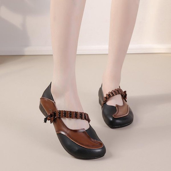 Zapatos Planos De Piel De Vacuno De Primera Capa Para Mujer, Estilo éTnico, Cuero Genuino, Suela De TendóN De Piel De Vacuno, Bloques De Color, Zapatos Individuales, Zapatos Para Madre De Mediana Edad 41-image