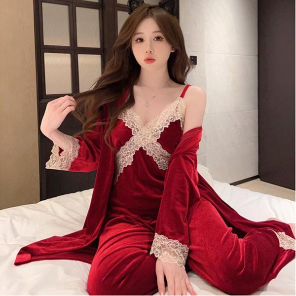 Pantalones De Manga Larga Vestido Para Casa Pijama Para Mujer Conjunto De Pijama De Tres Piezas Mujer Primavera OtoñO Invierno Encaje Dulce Cordones CáRdigan L-image